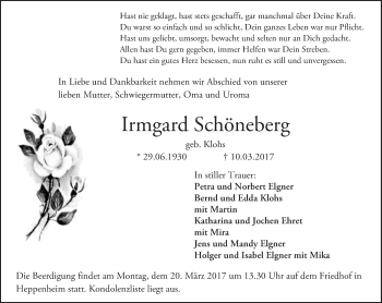 Traueranzeige von Irmgard Schöneberg von Trauerportal Echo Online