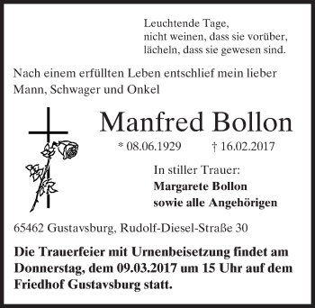 Traueranzeige von Manfred Bollon von Trauerportal Rhein Main Presse