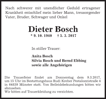 Traueranzeige von Dieter Bosch von Trauerportal Echo Online