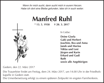 Traueranzeige von Manfred Ruhl von  Kreisanzeiger