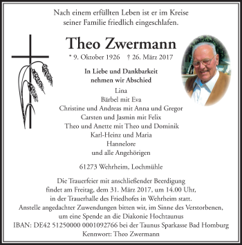 Traueranzeige von Theo Zwermann von  Usinger Anzeiger
