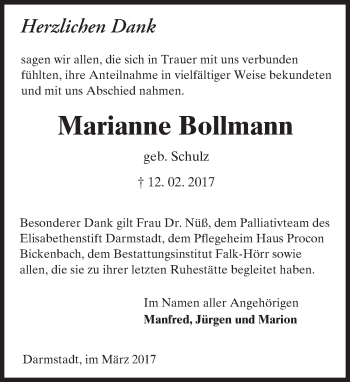Traueranzeige von Marianne Bollmann von Trauerportal Echo Online