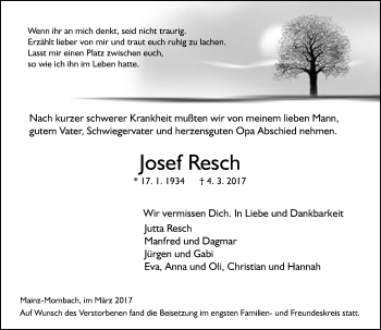Traueranzeige von Josef Resch von Trauerportal Rhein Main Presse