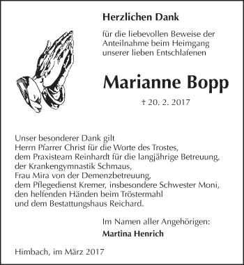 Traueranzeige von Marianne Bopp von  Kreisanzeiger
