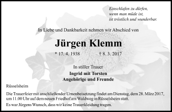 Traueranzeige von Jürgen Klemm von Trauerportal Rhein Main Presse