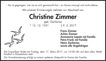 Traueranzeige von Christine Zimmer von Trauerportal Rhein Main Presse