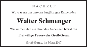Traueranzeige von Walter Schmenger von Trauerportal Echo Online