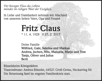 Traueranzeige von Fritz Claus von Trauerportal Rhein Main Presse