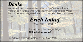 Traueranzeige von Erich Imhof von Trauerportal Echo Online