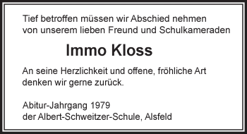 Traueranzeige von Immo Kloss von VRM Trauer