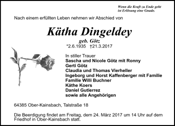 Traueranzeige von Kätha Dingeldey von Trauerportal Echo Online