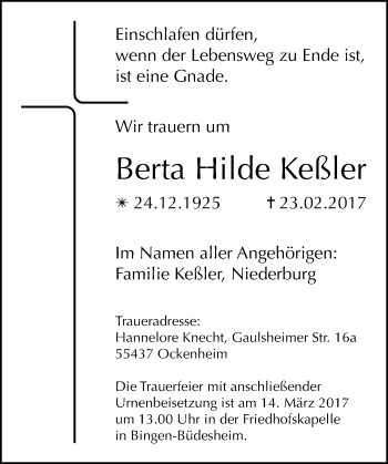 Traueranzeige von Berta Hilde Keßler von Trauerportal Rhein Main Presse