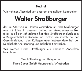 Traueranzeige von Walter Straßburger von Trauerportal Rhein Main Presse