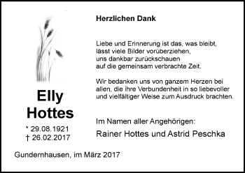 Traueranzeige von Elly Hottes von Trauerportal Echo Online