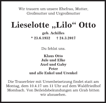 Traueranzeige von Lieselotte Lilo Otto von Trauerportal Rhein Main Presse