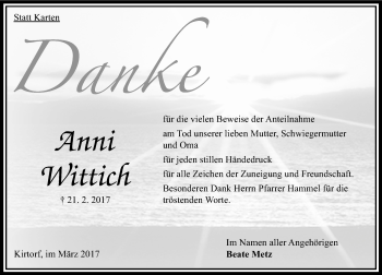 Traueranzeige von Anni Wittich von VRM Trauer