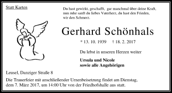 Traueranzeige von Gerhard Schönhals von VRM Trauer