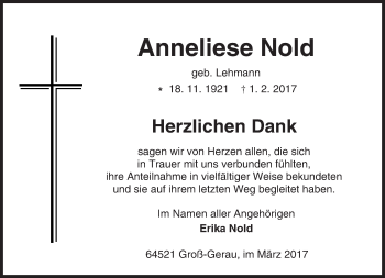 Traueranzeige von Anneliese Nold von Trauerportal Echo Online