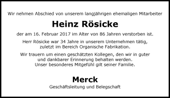 Traueranzeige von Heinz Rösicke von Trauerportal Echo Online