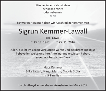 Traueranzeige von Sigrun Kemmer-Lawall von Trauerportal Rhein Main Presse