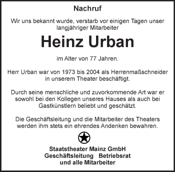 Traueranzeige von Heinz Urban von Trauerportal Rhein Main Presse