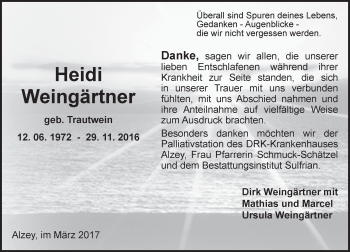 Traueranzeige von Heidi Weingärtner von Trauerportal Rhein Main Presse