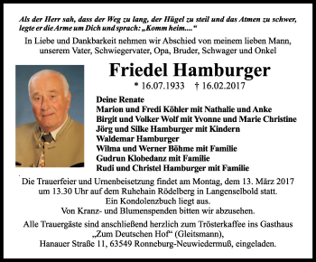 Traueranzeige von Friedel Hamburger von  Kreisanzeiger