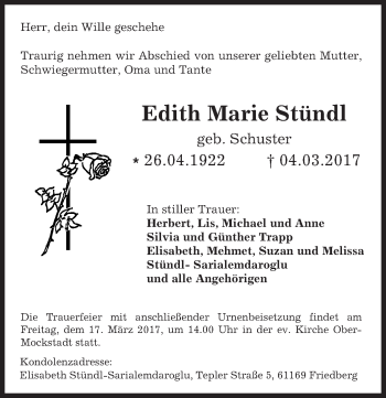 Traueranzeige von Edith Marie Stündl von  Kreisanzeiger