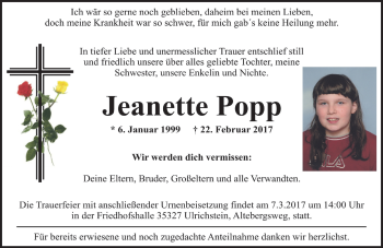 Traueranzeige von Jeanette Popp von VRM Trauer