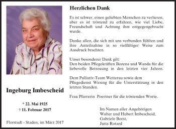 Traueranzeige von Ingeburg Imbescheid von  Kreisanzeiger