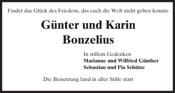 Traueranzeige von Günter und Karin Bonzelius von  Gelnhäuser Tageblatt