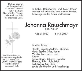Traueranzeige von Johanna Rauschmayr von Trauerportal Echo Online