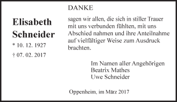 Traueranzeige von Elisabeth Schneider von Trauerportal Rhein Main Presse