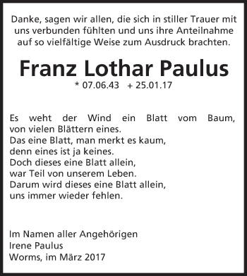 Traueranzeige von Franz Lothar Paulus von Trauerportal Rhein Main Presse