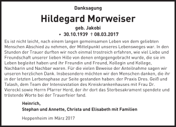 Traueranzeige von Hildegard Morweiser von Trauerportal Echo Online