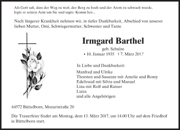Traueranzeige von Irmgard Barthel von Trauerportal Echo Online