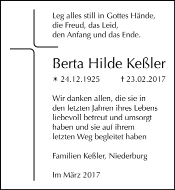 Traueranzeige von Berta Hilde Keßler von Trauerportal Rhein Main Presse