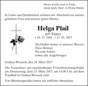 Traueranzeige von Helga Plail von  Gießener Anzeiger