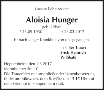 Traueranzeige von Aloisia Hunger von Trauerportal Echo Online