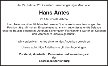 Traueranzeige von Hans Antes von Trauerportal Echo Online