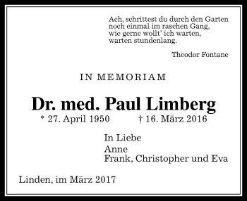 Traueranzeige von Paul Limberg von  Gießener Anzeiger