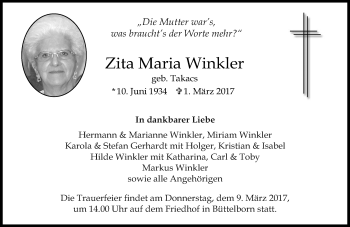 Traueranzeige von Zita Maria Winkler von Trauerportal Echo Online