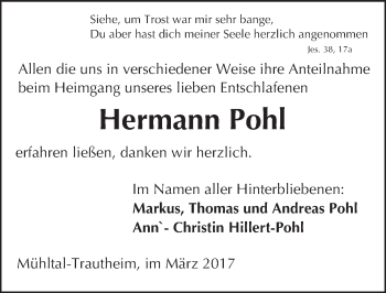 Traueranzeige von Hermann Pohl von Trauerportal Echo Online