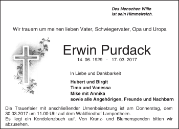 Traueranzeige von Erwin Purdack von Trauerportal Echo Online