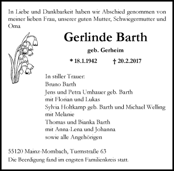 Traueranzeige von Gerlinde Barth von Trauerportal Rhein Main Presse