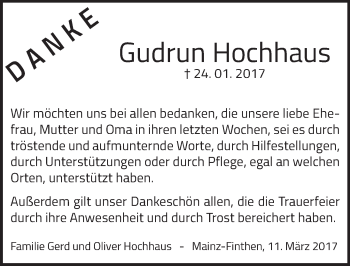 Traueranzeige von Gudrun Hochhaus von Trauerportal Rhein Main Presse
