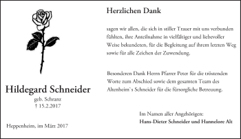 Traueranzeige von Hildegard Schneider von Trauerportal Echo Online