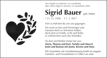Traueranzeige von Sigrid Bauer von  Kreisanzeiger