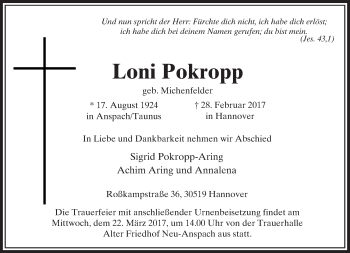 Traueranzeige von Loni Pokropp von  Usinger Anzeiger