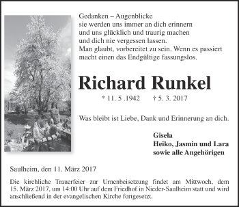 Traueranzeige von Richard Runkel von Trauerportal Rhein Main Presse